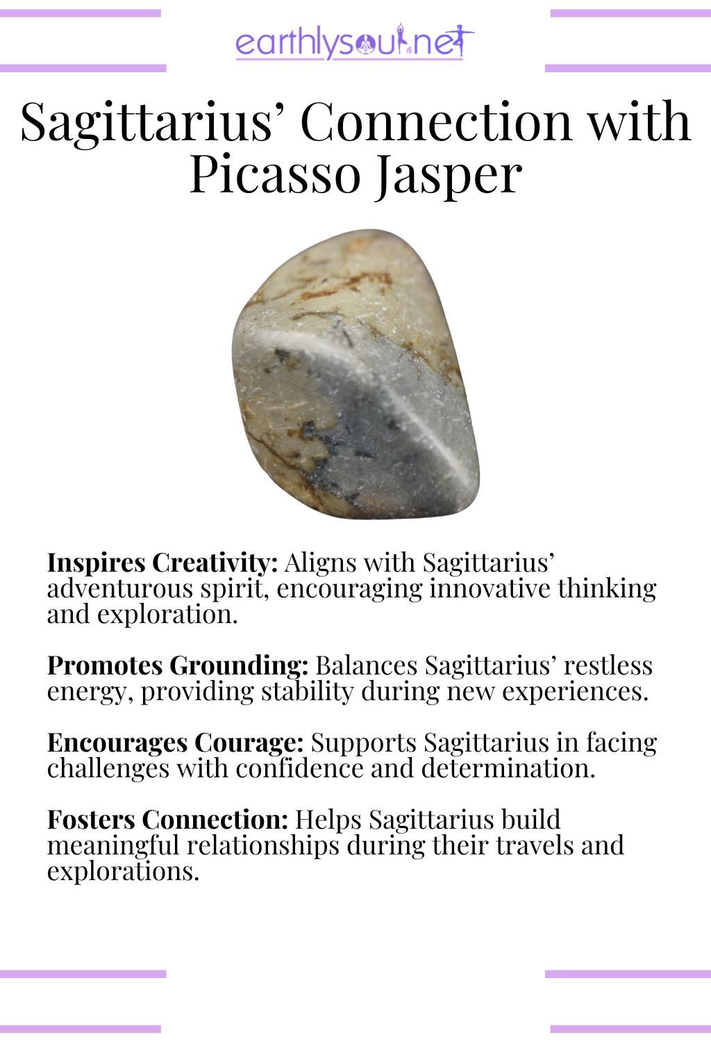 Picasso jasper crystal, inspiring creativity and promoting grounding, ideal for adventurous sagittarius zodiac signs.