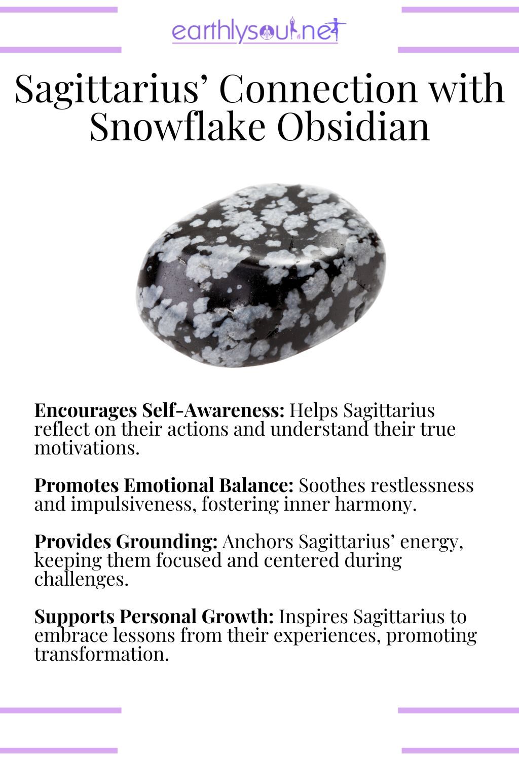 Snowflake obsidian crystal, encouraging self-awareness and promoting emotional balance, ideal for sagittarius zodiac signs overcoming challenges.
