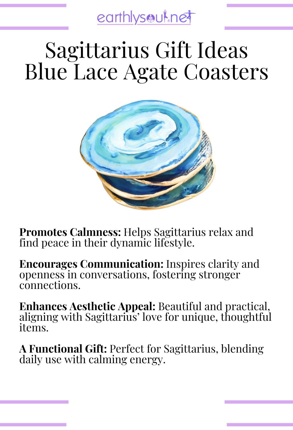 Blue lace agate coasters, promoting calmness and encouraging communication, ideal as a gift for sagittarius zodiac signs.