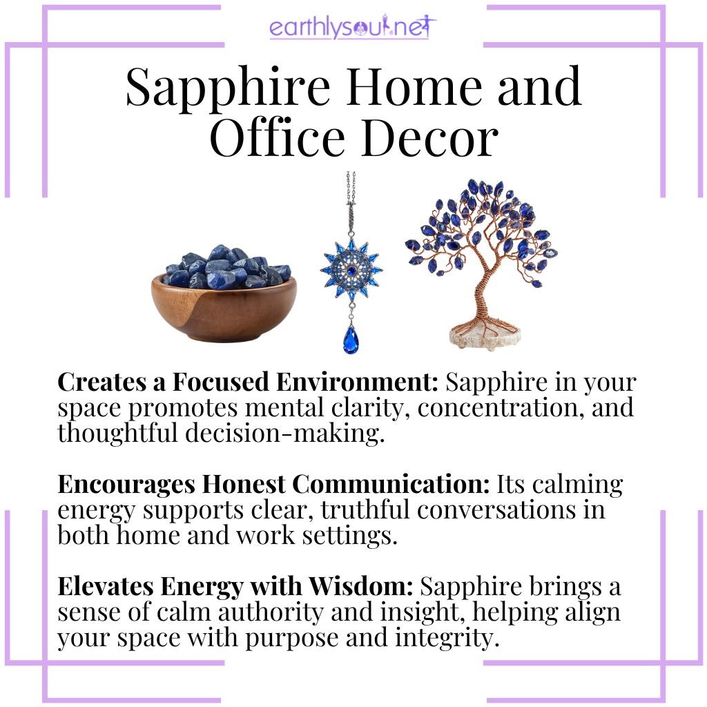 Sapphire home and office decor – a clarity crystal that enhances focus, supports honest communication, and brings wisdom to any space.