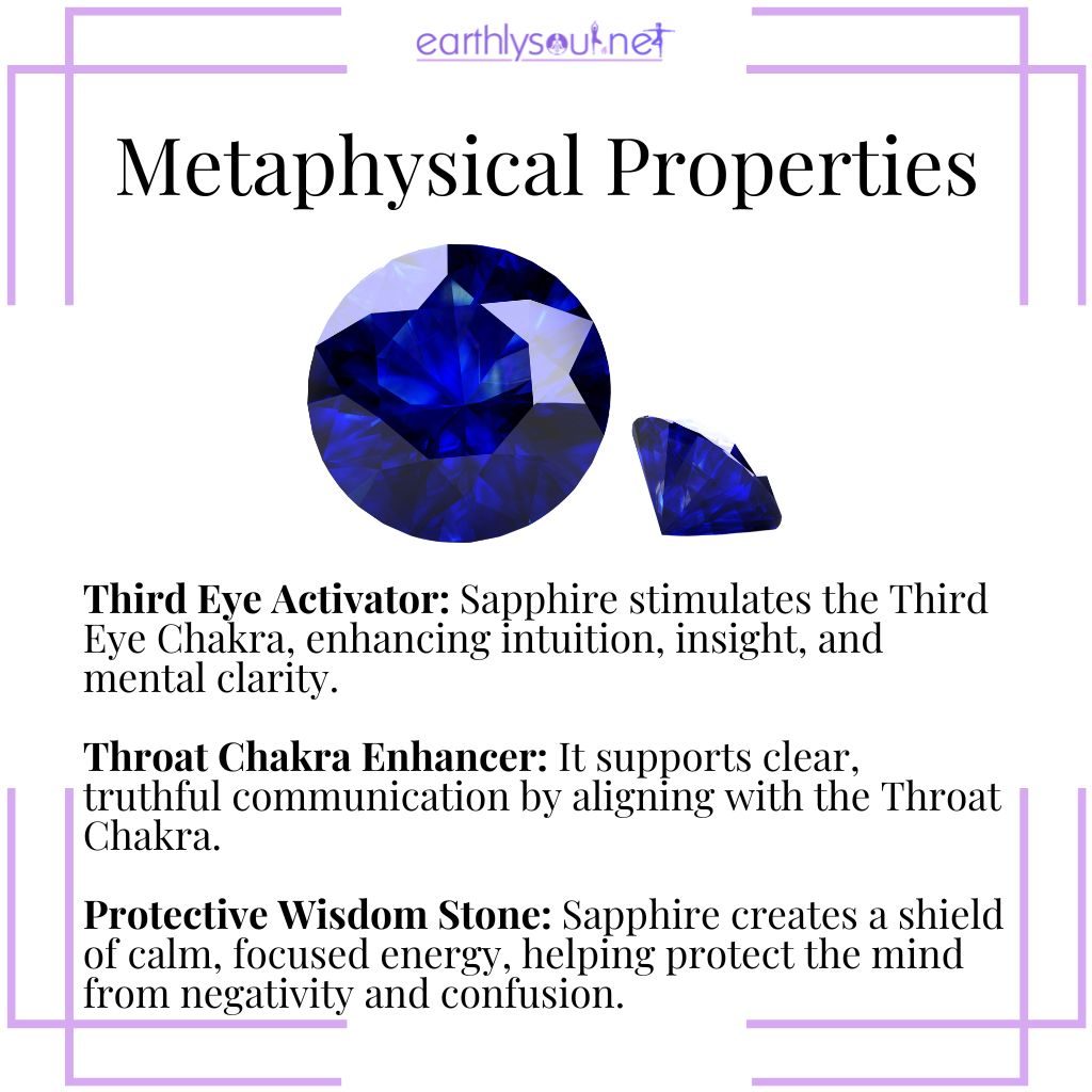 Sapphire metaphysical properties – a clarity stone that activates the third eye and throat chakras for insight, truth, and protection.