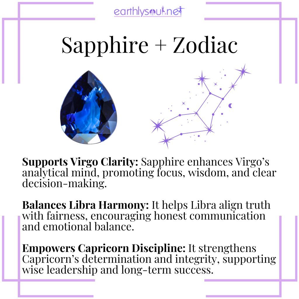 Sapphire zodiac connection – a wisdom crystal that supports virgo, balances libra, and empowers capricorn with clarity and truth.
