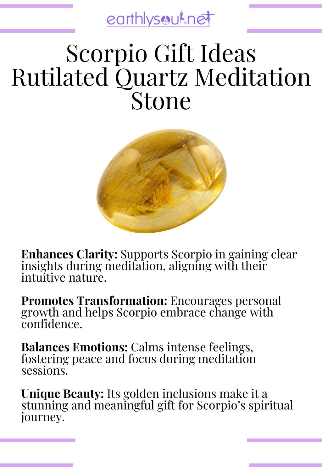 Rutilated quartz meditation stone, enhancing clarity and promoting transformation, ideal as a gift for scorpio zodiac signs.
