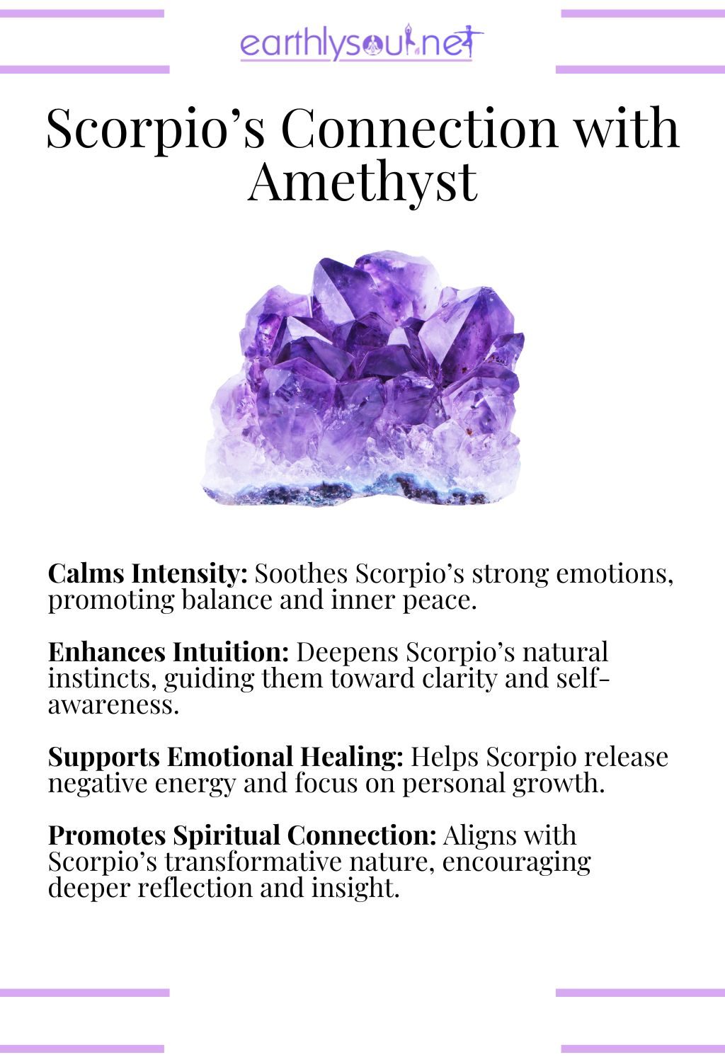 Amethyst crystal, calming intensity and enhancing intuition, ideal for scorpio zodiac signs.