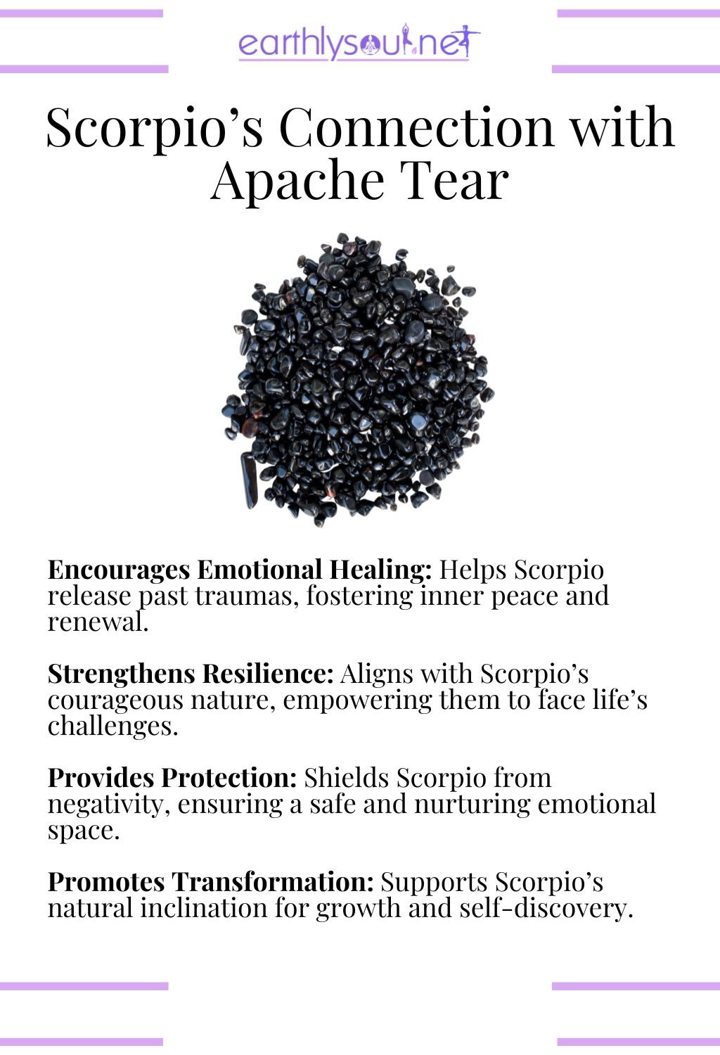 Apache tear crystal, encouraging emotional healing and resilience, ideal for scorpio zodiac signs.