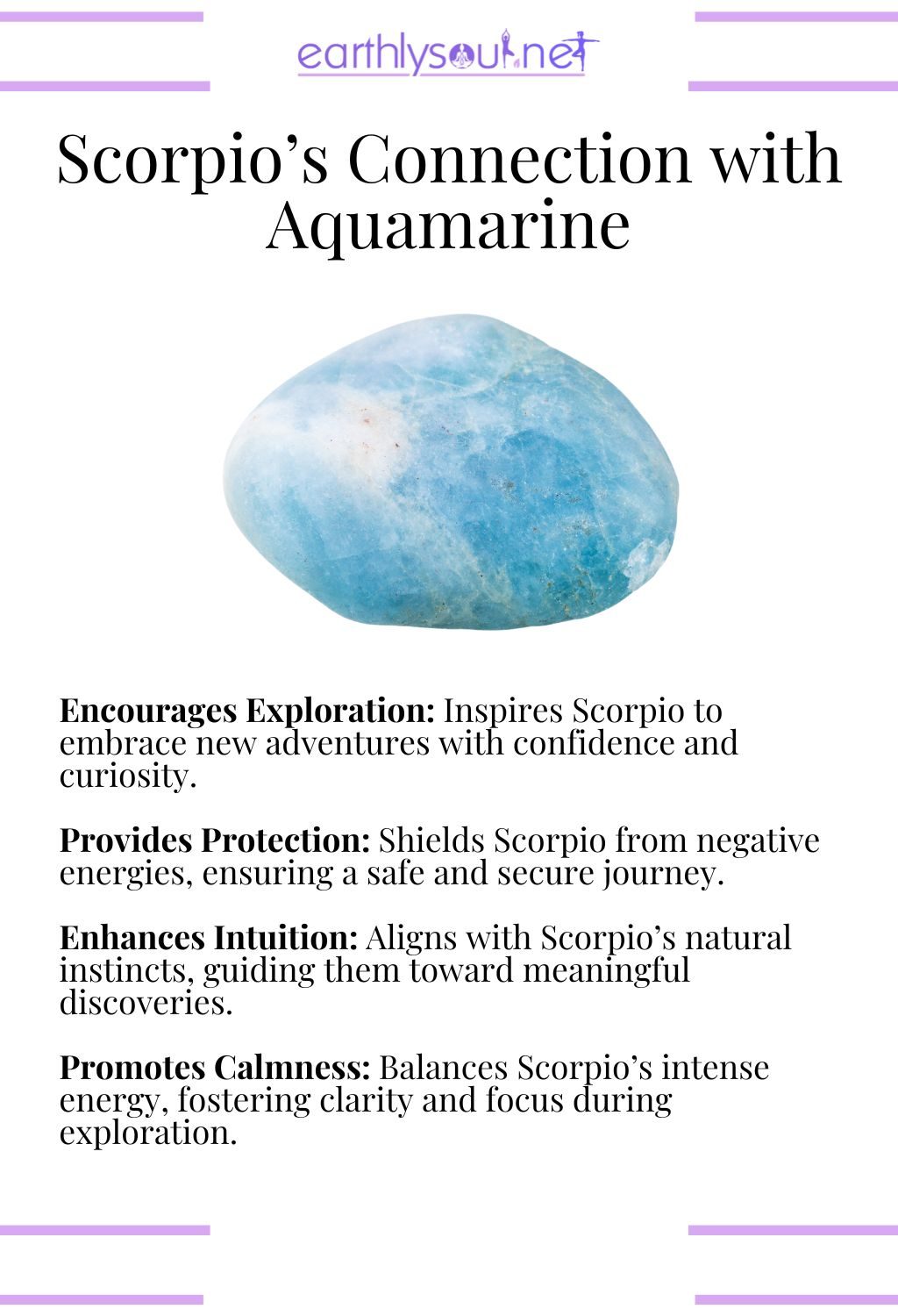 Aquamarine crystal, encouraging exploration and providing protection, perfect for adventurous scorpio zodiac signs.