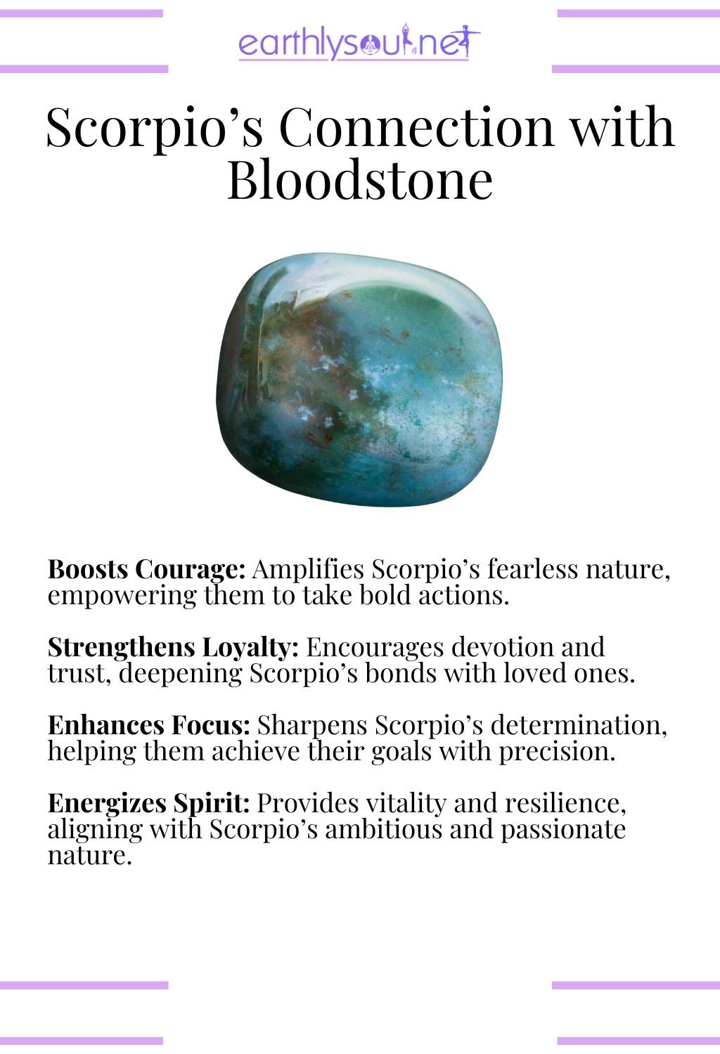 Bloodstone crystal, boosting courage and enhancing focus, ideal for scorpio zodiac signs.