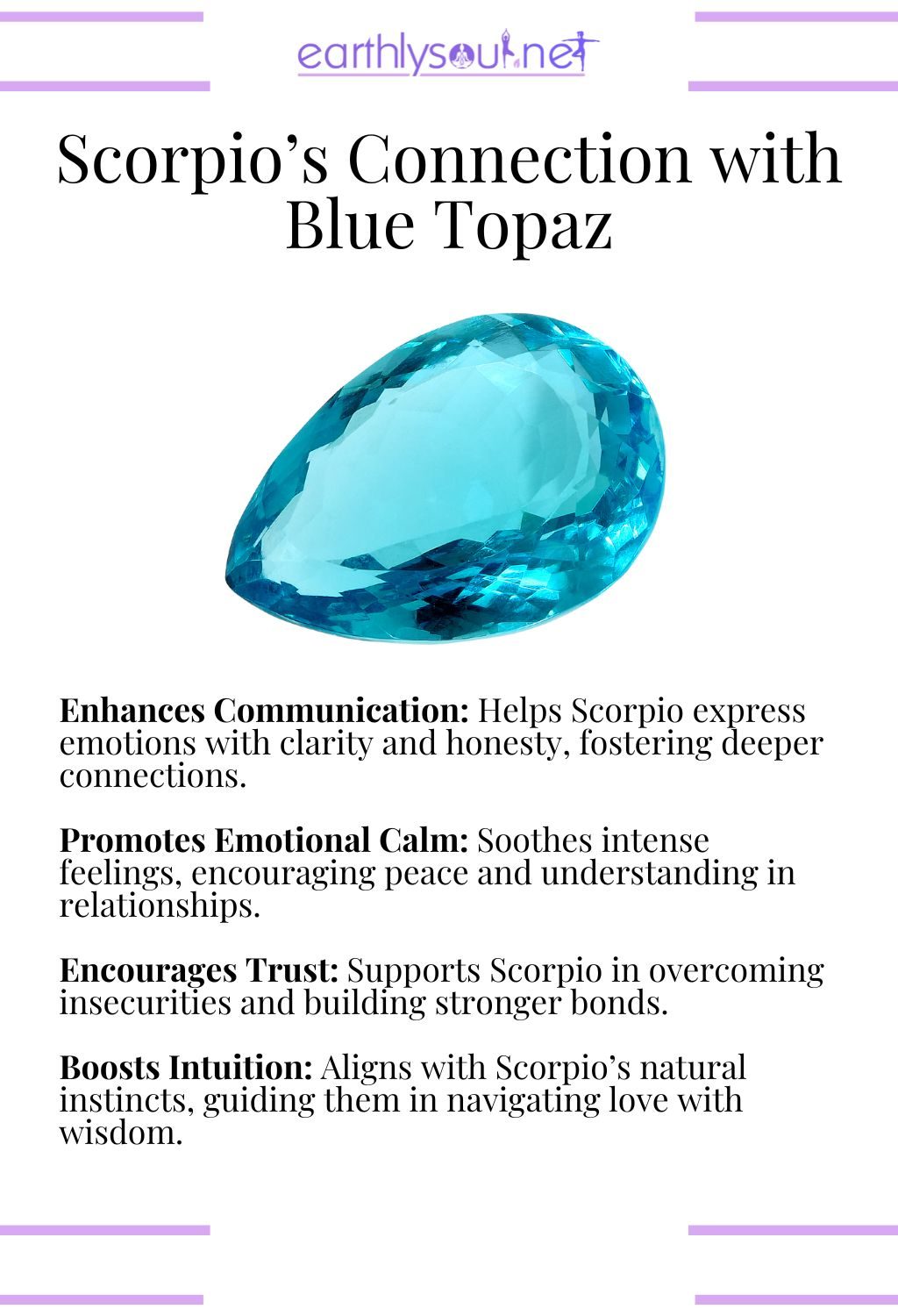 Blue topaz crystal, enhancing communication and promoting emotional calm, ideal for scorpio zodiac signs in relationships.