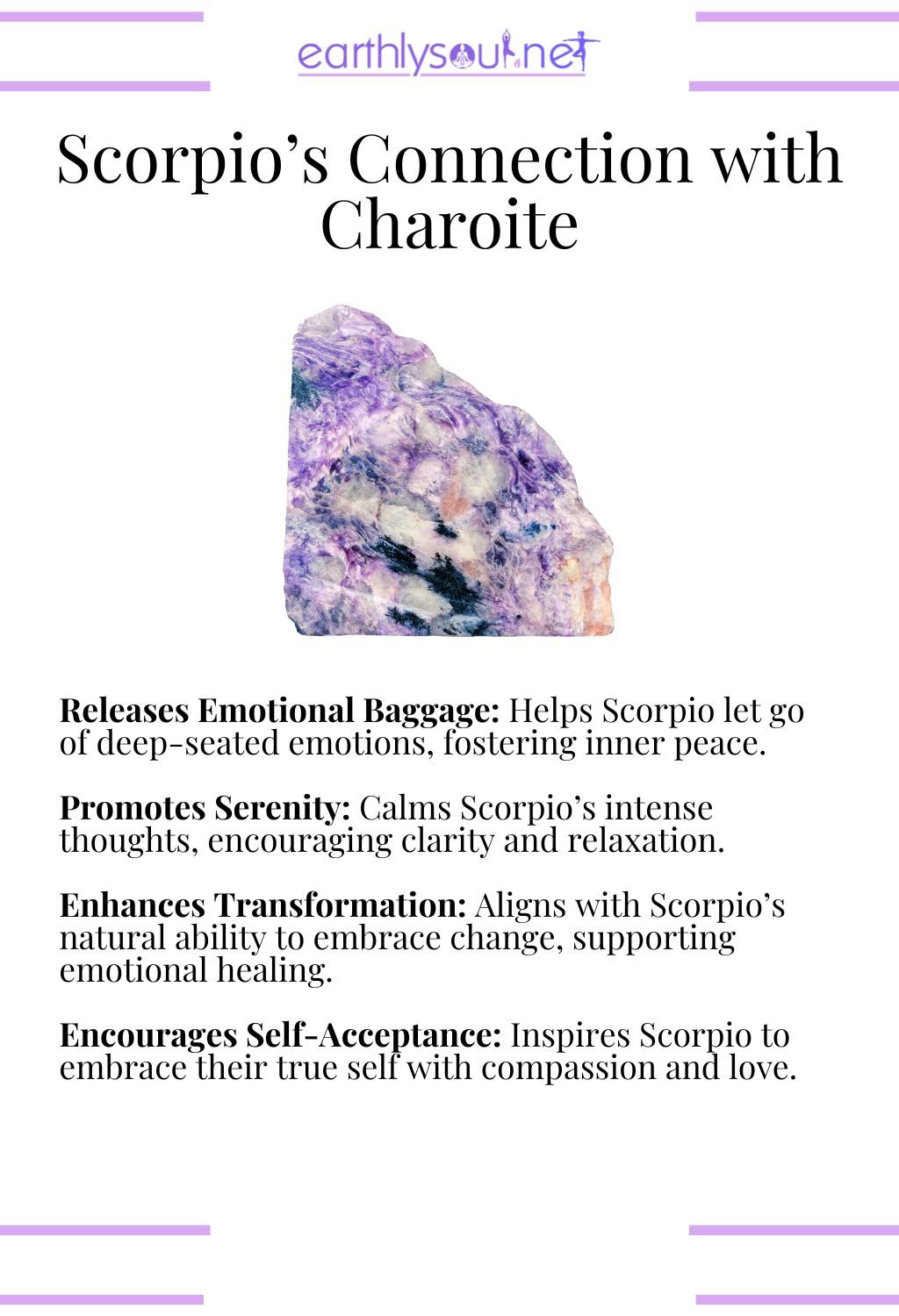 Charoite crystal, releasing emotional baggage and promoting serenity, ideal for scorpio zodiac signs seeking inner peace.