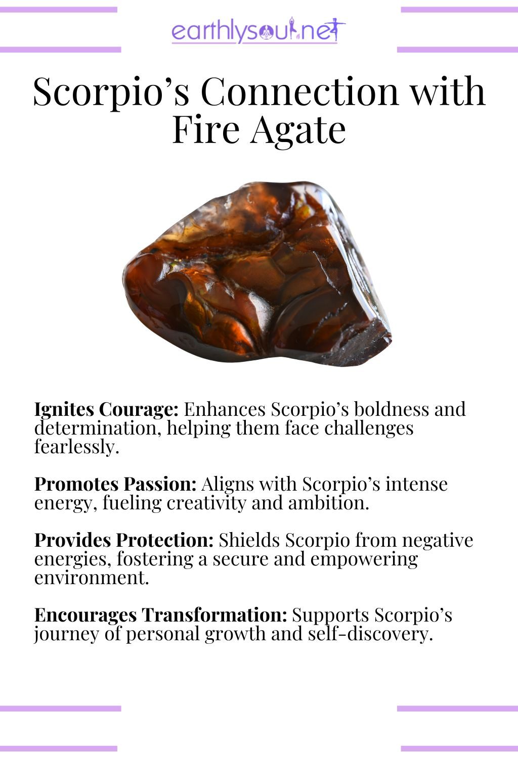 Fire agate crystal, igniting courage and promoting passion, perfect for scorpio zodiac signs.