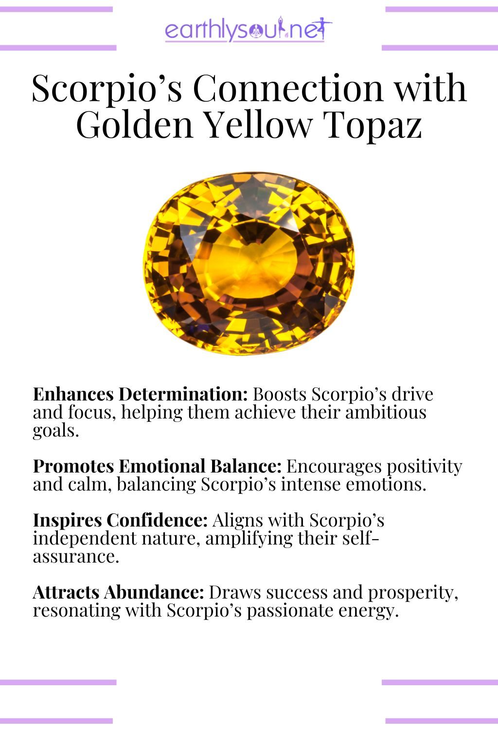 Golden yellow topaz crystal, enhancing determination and promoting emotional balance, ideal for scorpio zodiac signs.