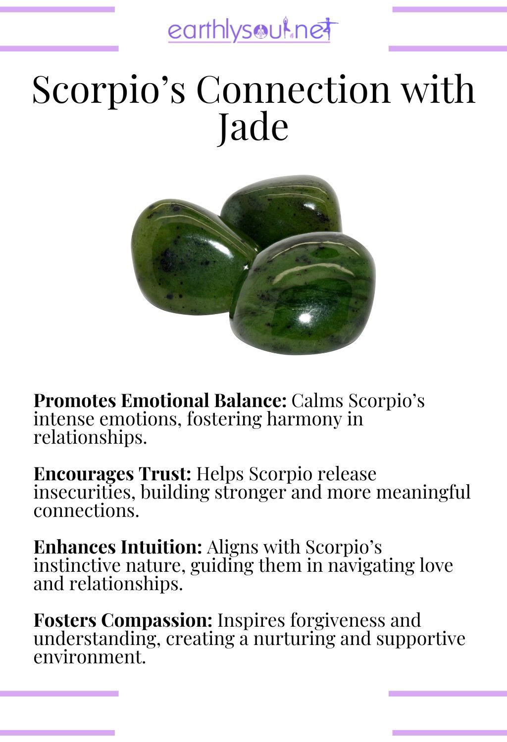 Jade crystal, promoting emotional balance and enhancing intuition, ideal for scorpio zodiac signs in relationships.