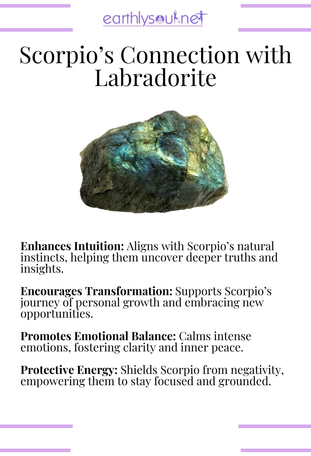 Labradorite crystal, enhancing intuition and promoting transformation, ideal for scorpio zodiac signs.