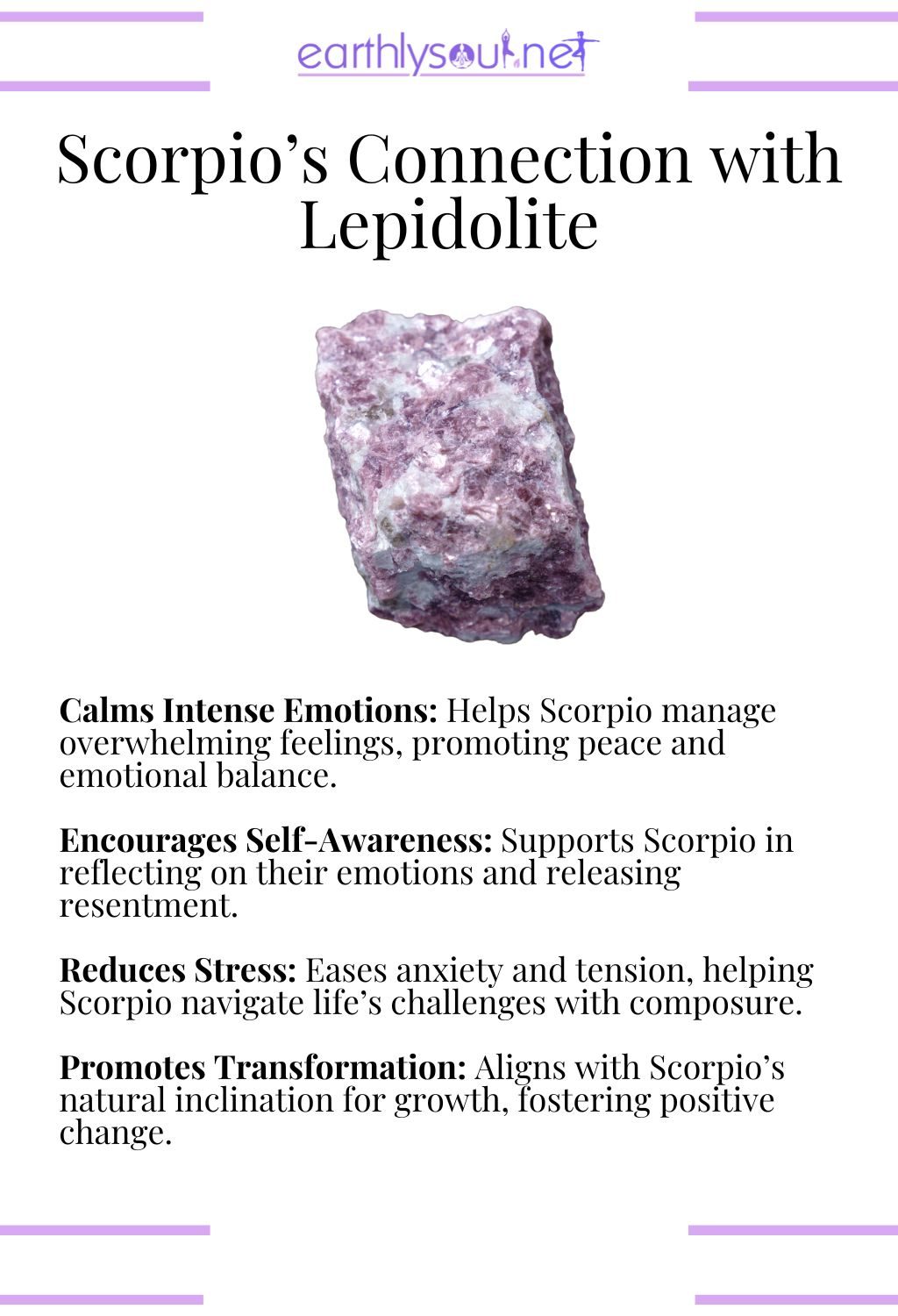 Lepidolite crystal, calming intense emotions and promoting transformation, perfect for scorpio zodiac signs.