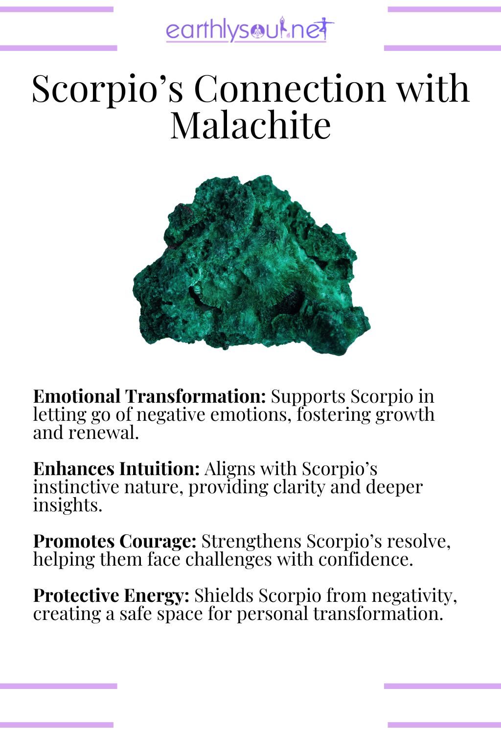 Malachite crystal, promoting emotional transformation and courage, perfect for scorpio zodiac signs.