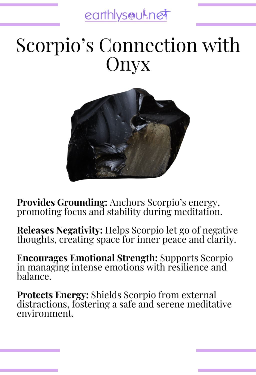 Onyx crystal, providing grounding and releasing negativity, ideal for scorpio meditation.
