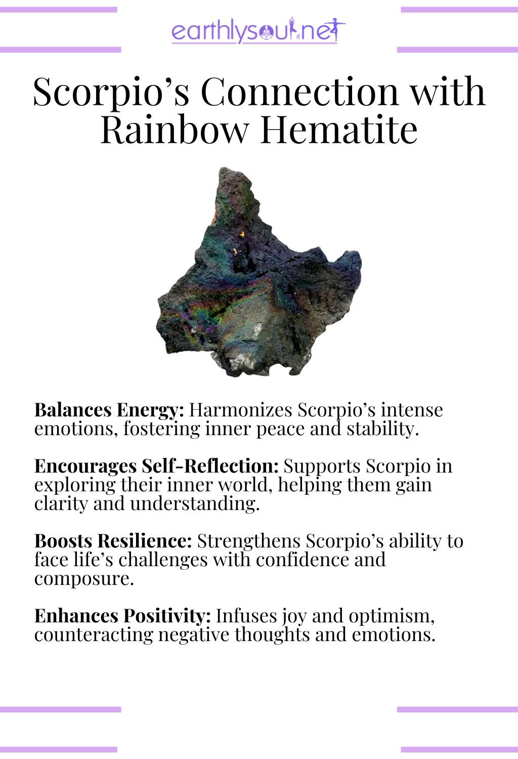 Rainbow hematite crystal, balancing energy and boosting resilience, perfect for scorpio zodiac signs.