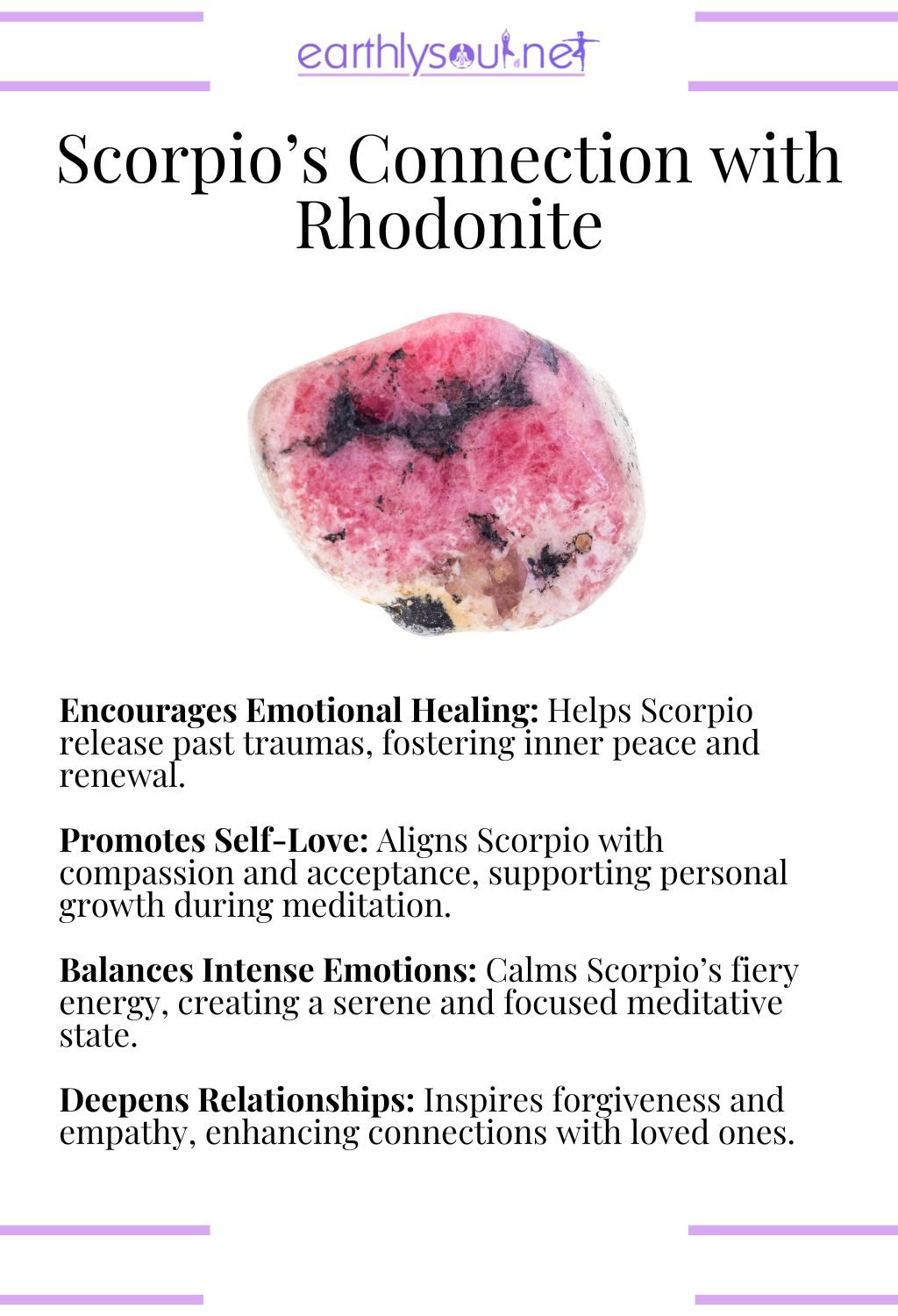 Rhodonite crystal, encouraging emotional healing and self-love, ideal for scorpio meditation.