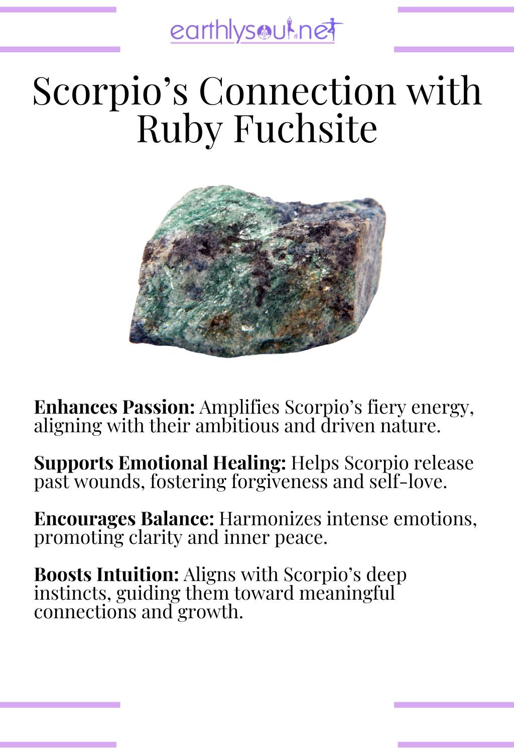 Ruby fuchsite crystal, enhancing passion and supporting emotional healing, perfect for scorpio zodiac signs.