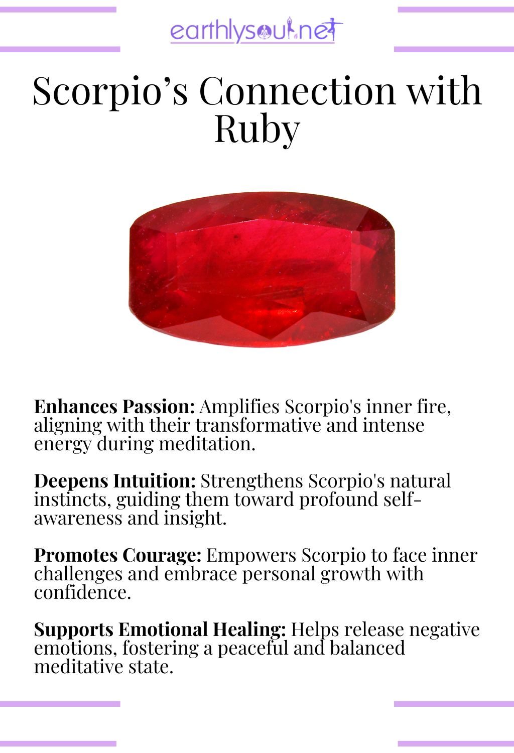 Ruby crystal, enhancing passion and deepening intuition, perfect for scorpio meditation.