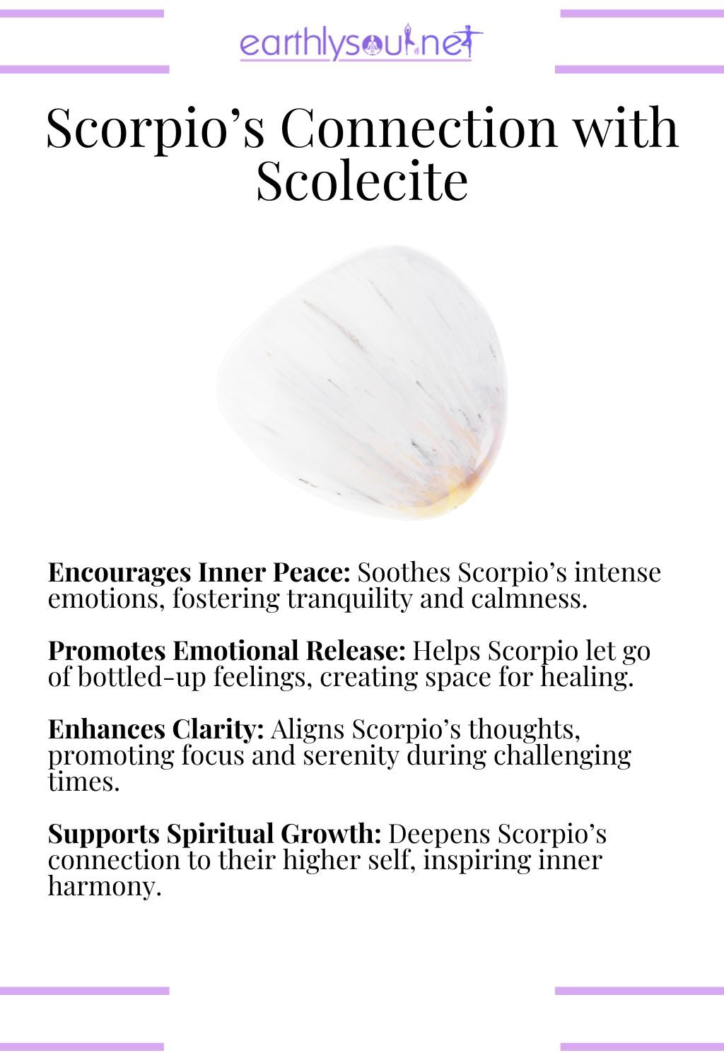 Scolecite crystal, encouraging inner peace and promoting emotional release, perfect for scorpio zodiac signs seeking serenity.