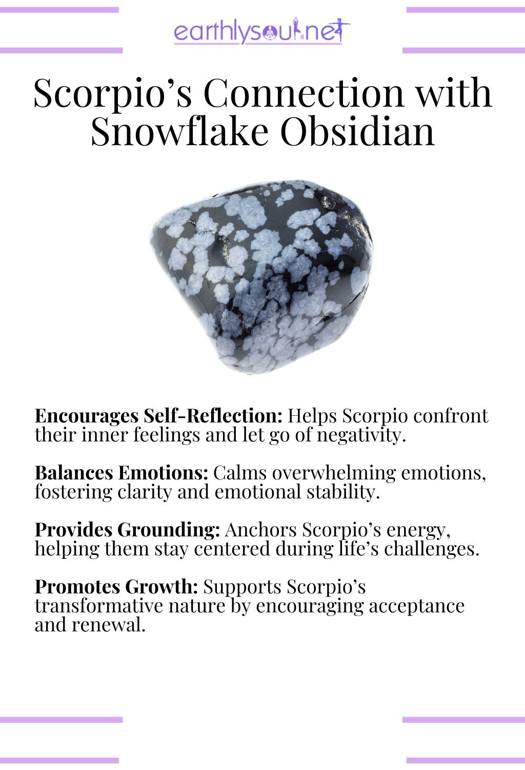 Snowflake obsidian crystal, promoting self-reflection and emotional balance, perfect for scorpio zodiac signs.