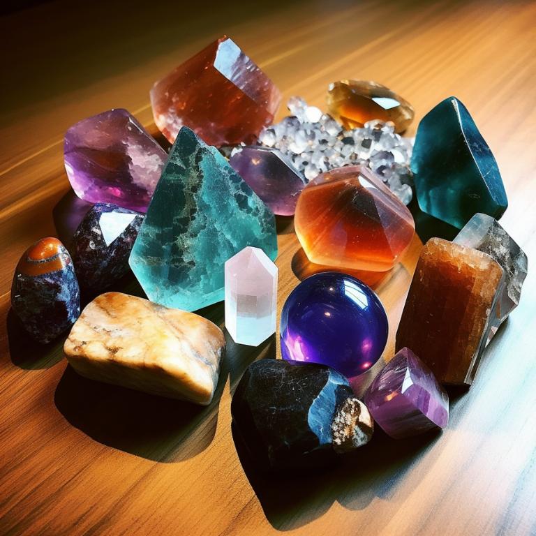 A selection of crystals on a wooden table