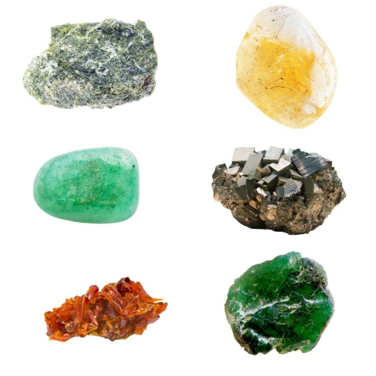 Assorted crystals including serpentine, citrine, aventurine, pyrite, zincite, and emerald