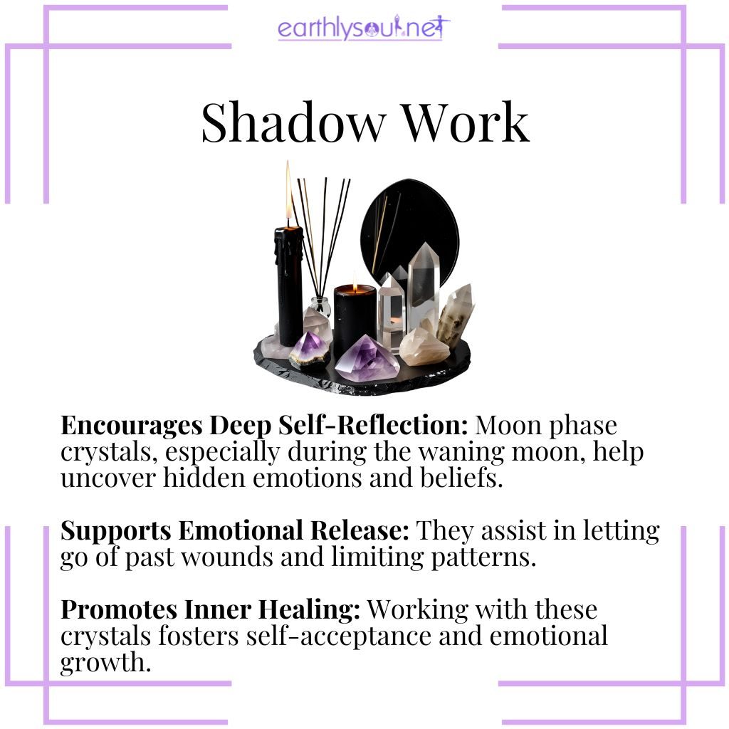 Moon phase crystals used for shadow work, encouraging self-reflection, emotional release, and inner healing.