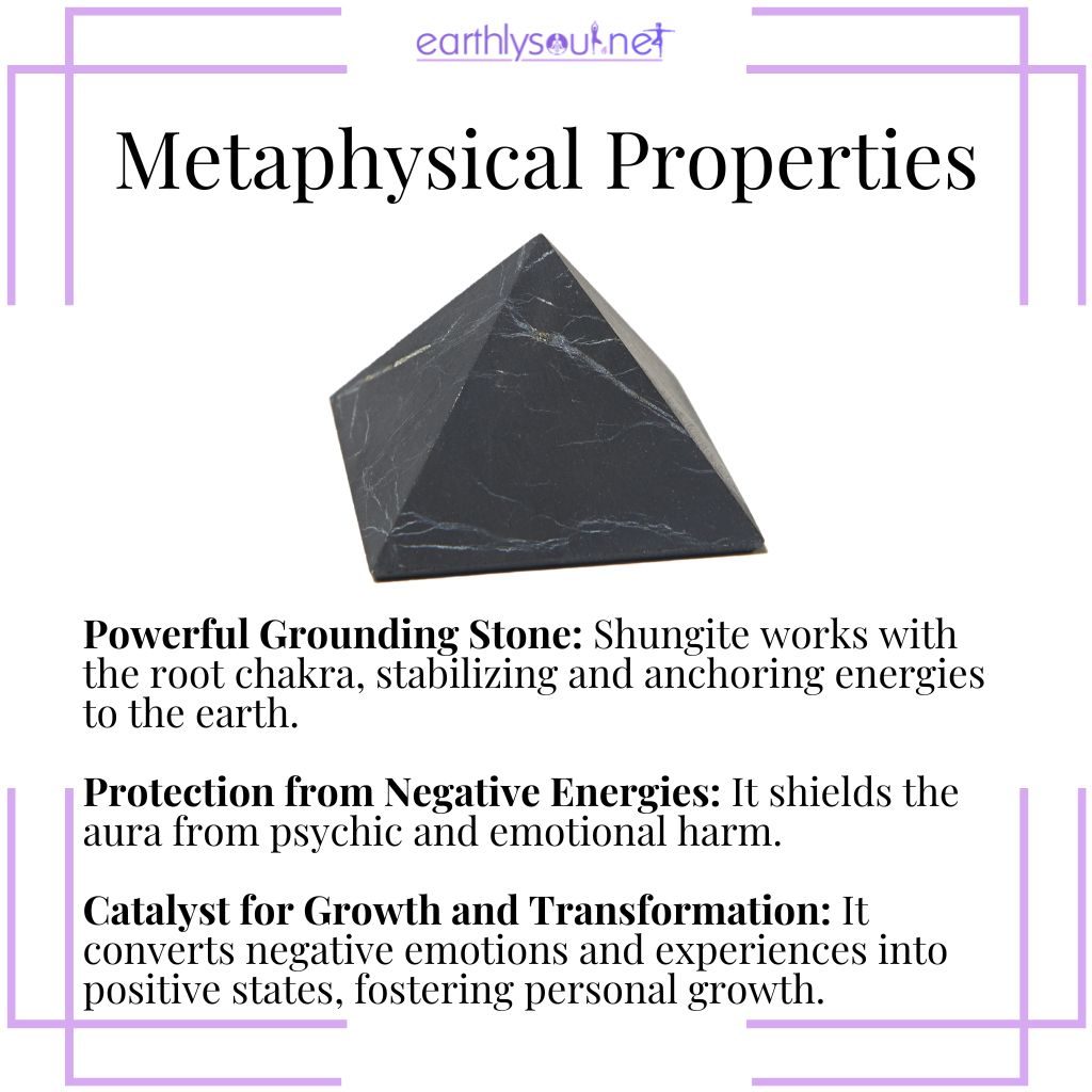 Shungite's metaphysical properties include grounding, protection from negative energies, and fostering transformation.