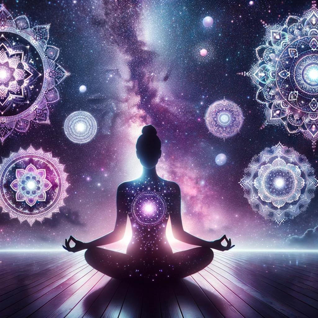 Photo of a silhouette in deep chakra meditation with cosmic universe background