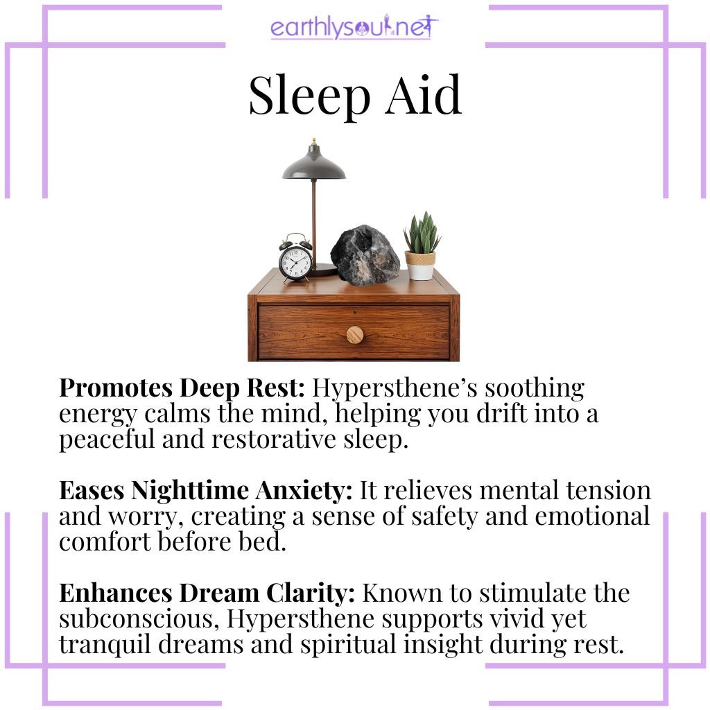 Hypersthene as a sleep aid promotes deep rest, eases anxiety, and enhances dream clarity for peaceful sleep.