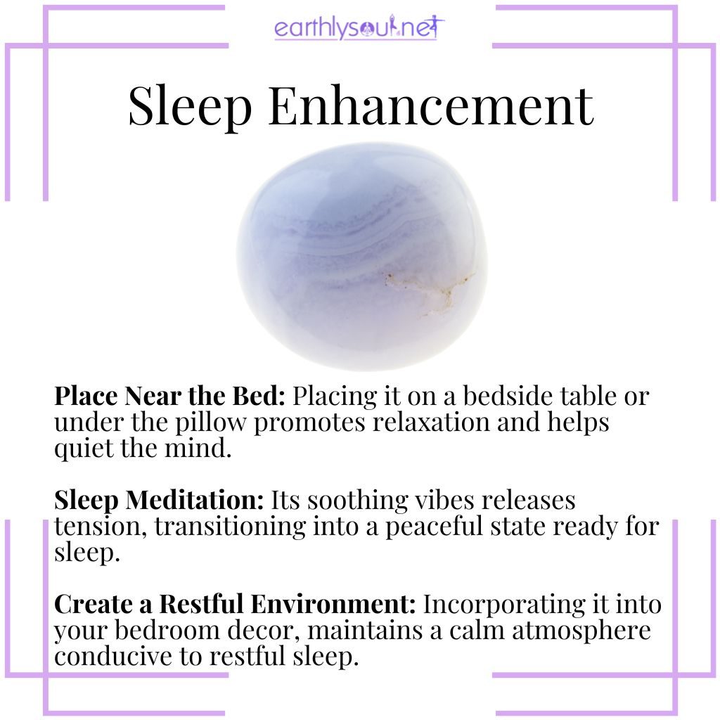 Blue lace agate used for enhancing sleep through bedside placement, meditation, and creating a restful environment.