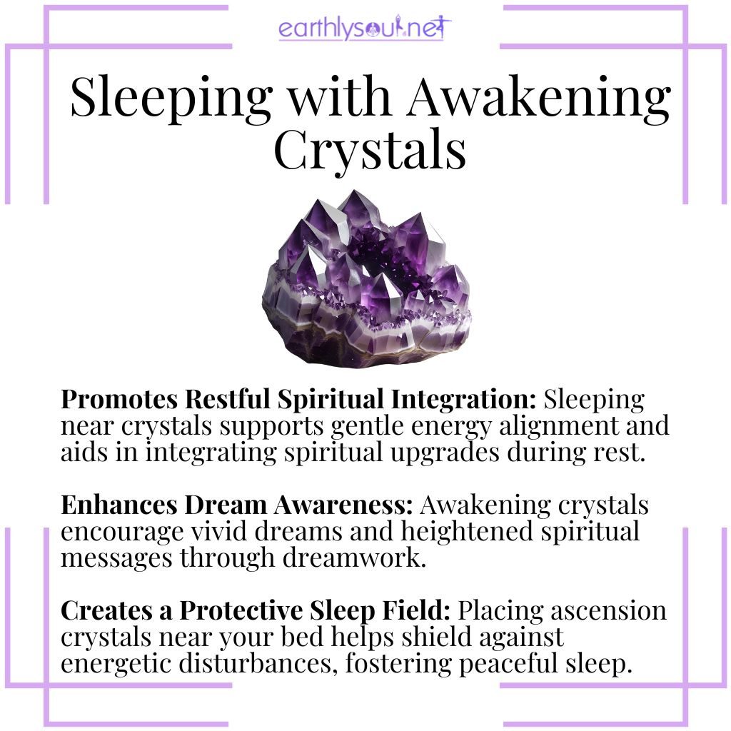 Sleeping with ascension crystals for spiritual integration, vivid dreams, and restful energy protection.