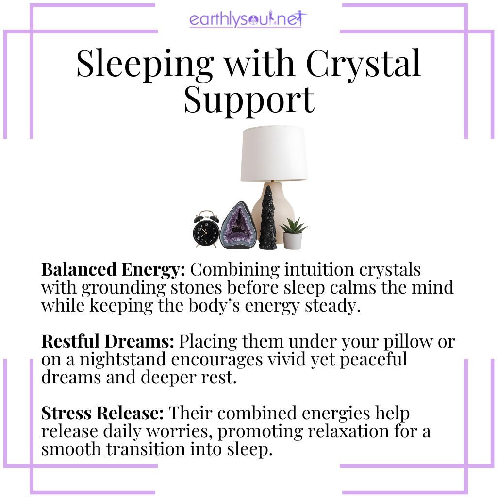 Sleep support with intuition crystals and grounding stones to calm the mind, encourage restful dreams, and release stress for deeper rest