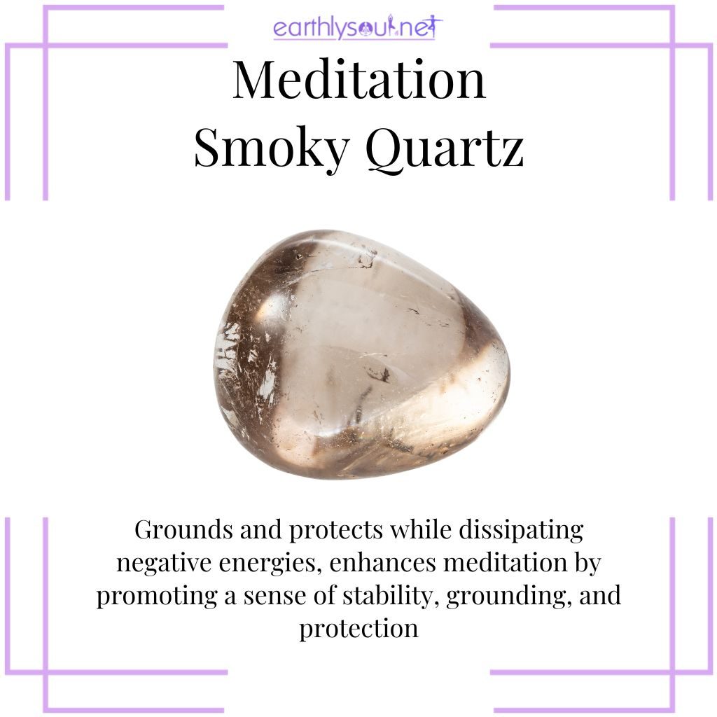 Smoky quartz, your ally for stability and protection, creating a grounded meditation atmosphere.