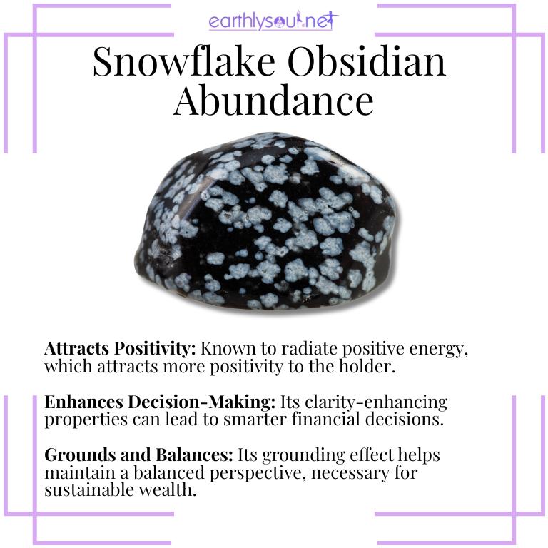 Snowflake obsidian crystals illustrating prosperity attributes: attracting positivity, enhancing decision-making, and grounding for balanced wealth