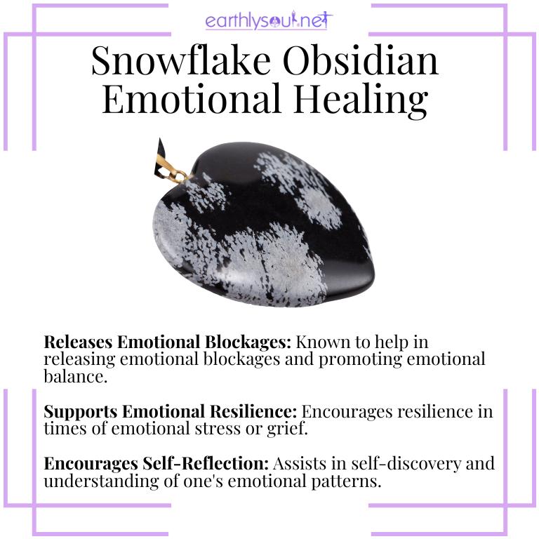 Snowflake obsidian crystals illustrating emotional healing properties: releasing emotional blockages, supporting emotional resilience, and encouraging self-reflection
