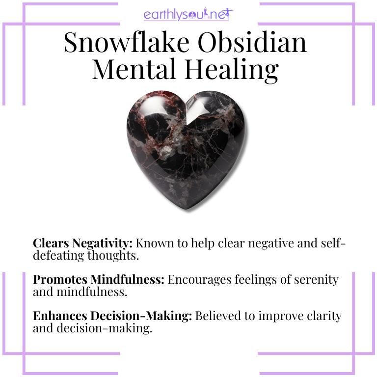 Snowflake obsidian crystals illustrating mental healing properties: clearing negativity, promoting mindfulness, and enhancing decision-making