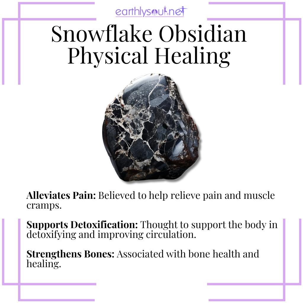 Snowflake obsidian crystals illustrating physical healing properties: alleviating pain, supporting detoxification, and strengthening bones