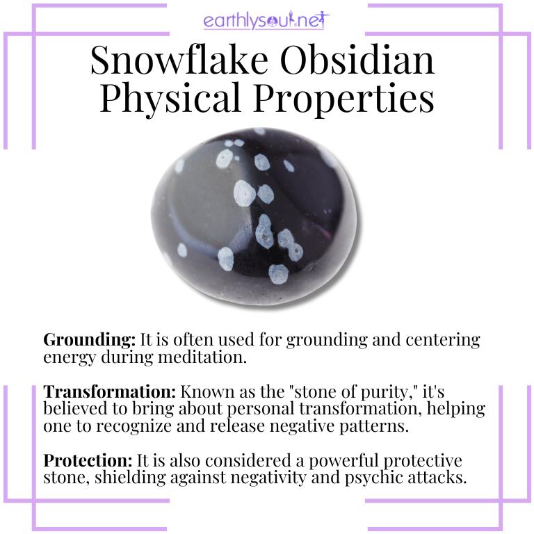 Snowflake obsidian crystals illustrating metaphysical properties: grounding energy, promoting transformation, and offering protection
