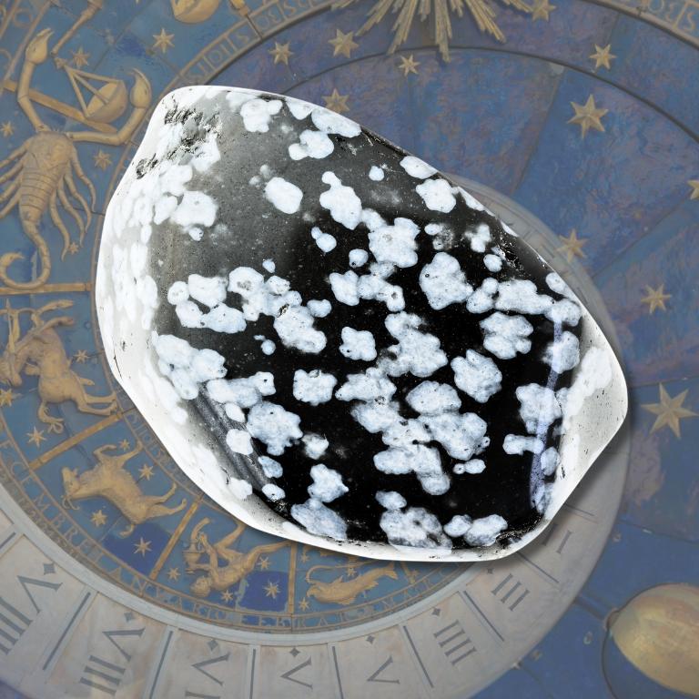 Snowflake obsidian stone with zodiac background image