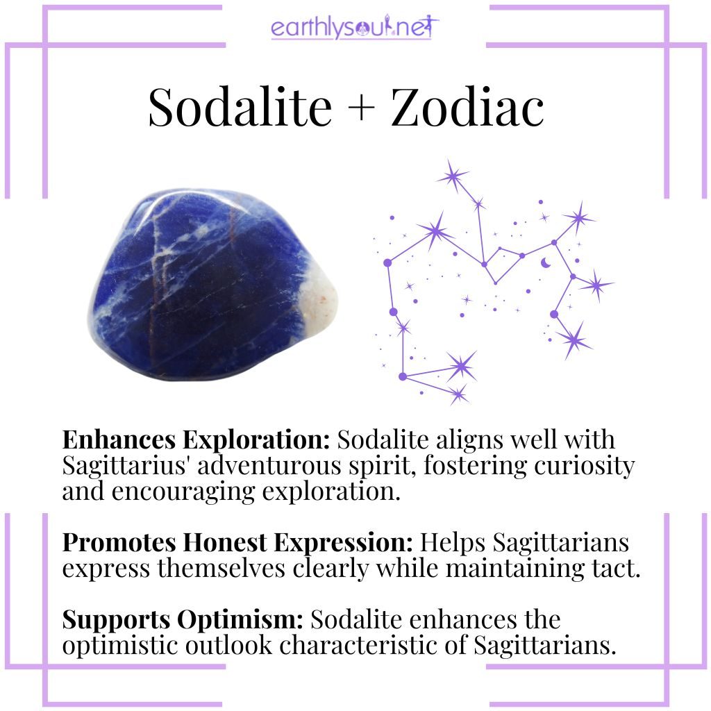 Sodalite for sagittarius to enhance exploration, promote honest expression, and support optimism.