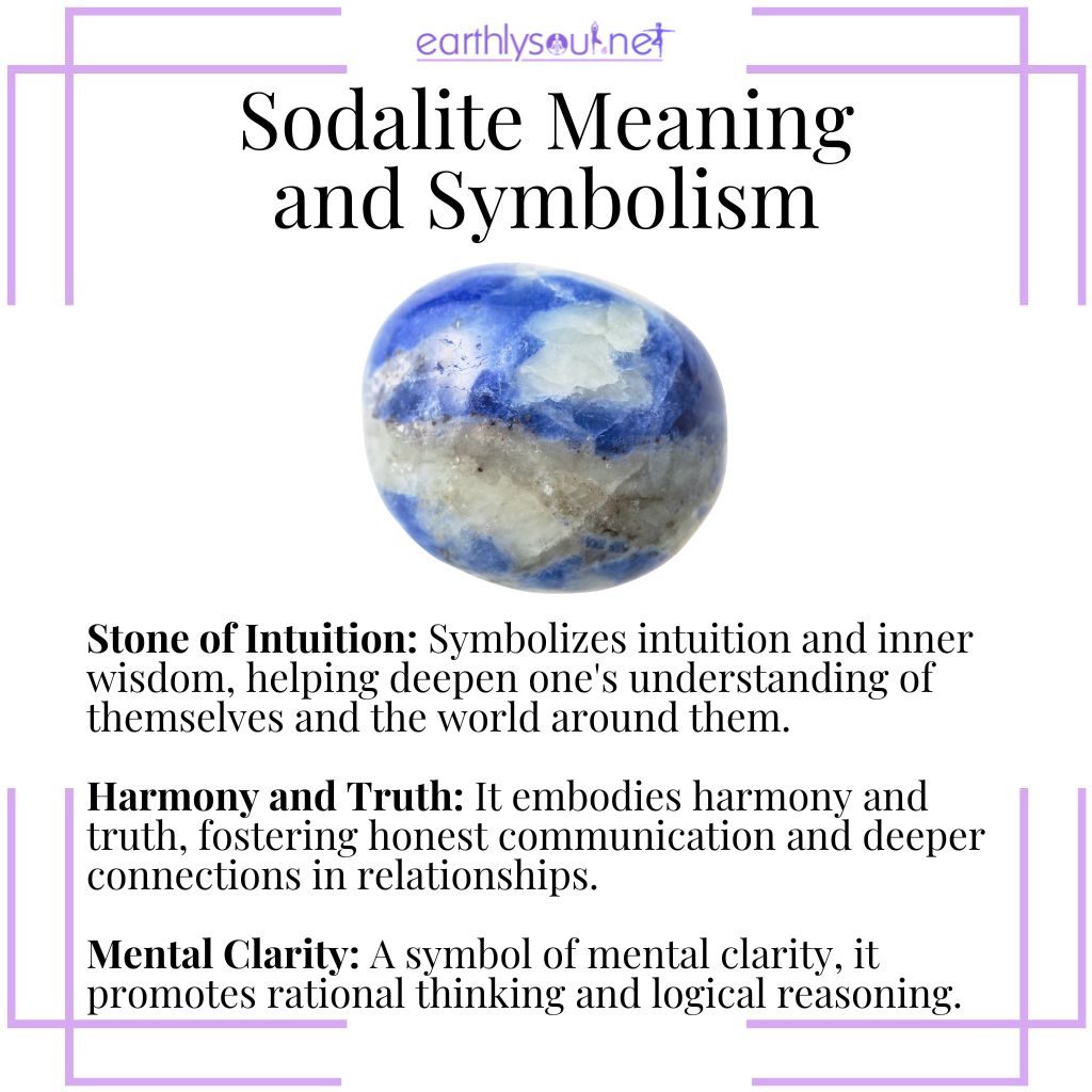 Sodalite for intuition, truth, and clarity, symbolizing wisdom, harmony, and rational thinking.