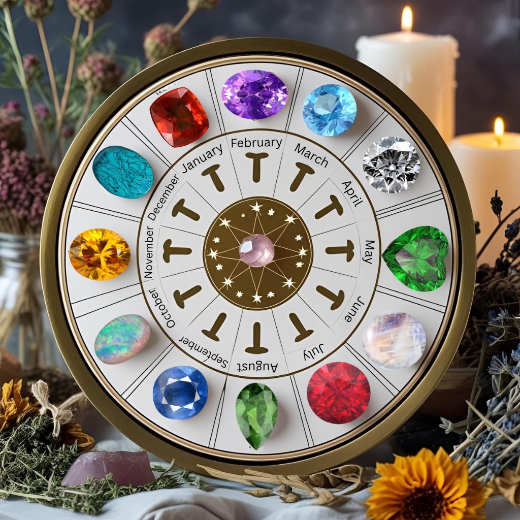 Birthstone wheel with gemstones for each month, surrounded by candles and flowers.