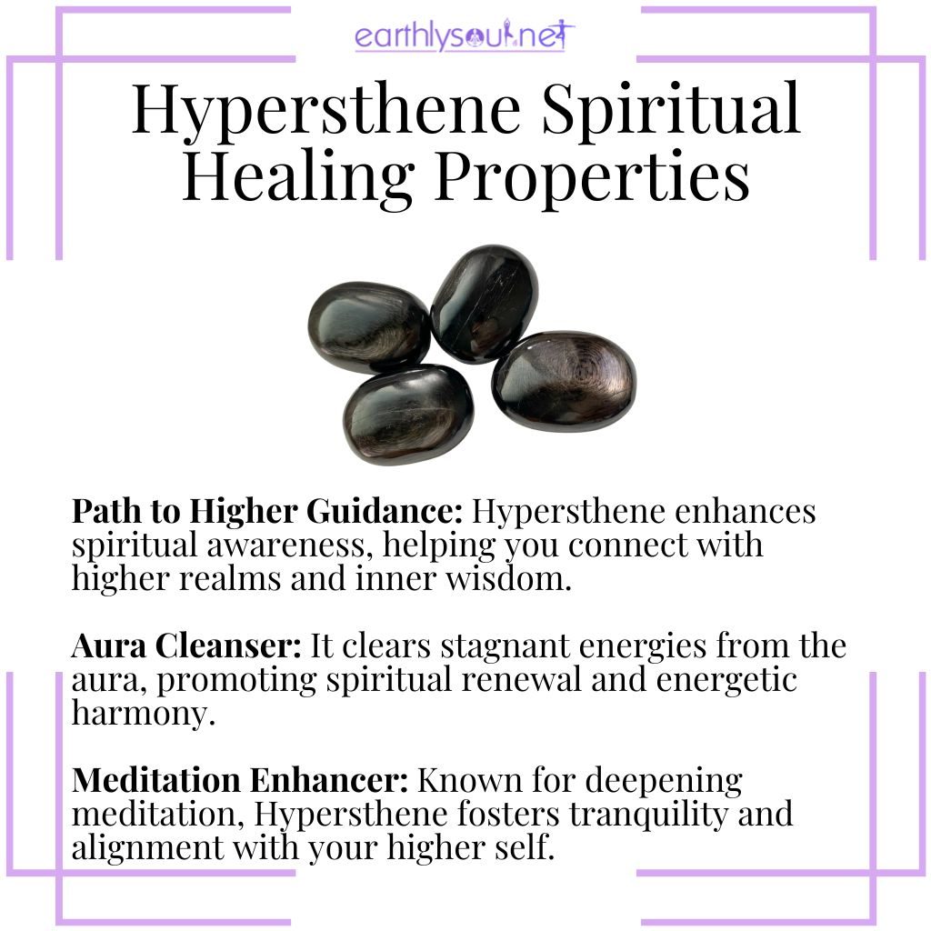 Hypersthene spiritual healing properties, a spiritually uplifting stone that enhances higher guidance, cleanses the aura, and deepens meditation.
