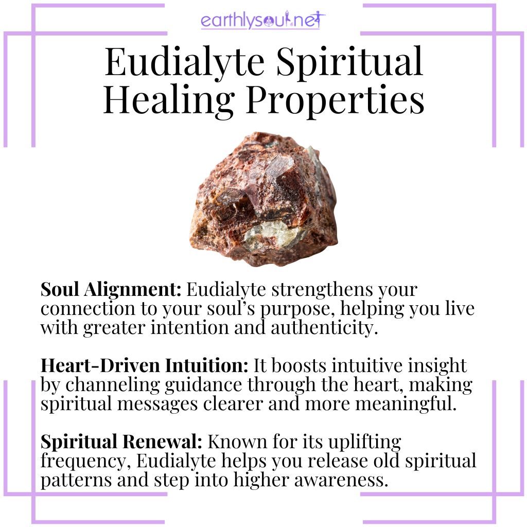 Eudialyte spiritual healing properties, an uplifting crystal that supports soul alignment, heart-led intuition, and spiritual renewal.