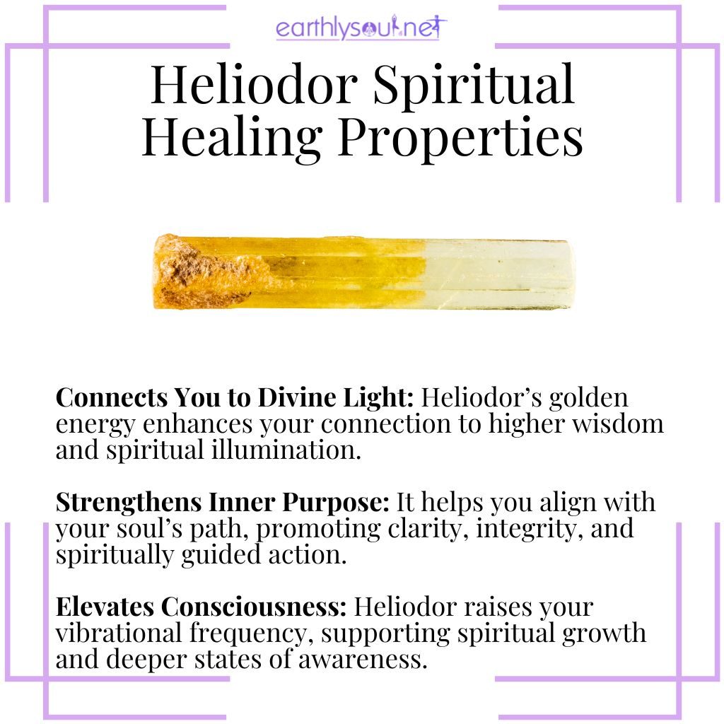 Heliodor spiritual healing properties – a golden crystal that connects you to divine light, strengthens soul purpose, and elevates consciousness.