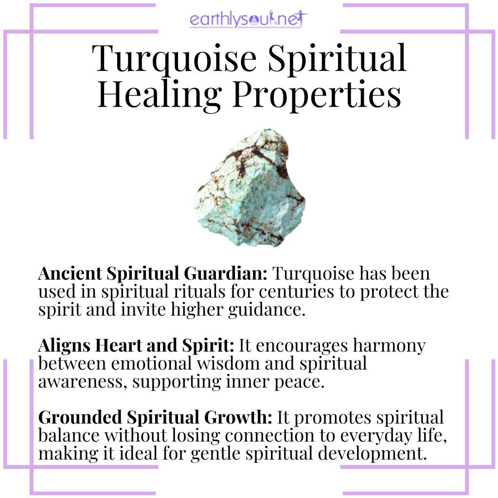 Turquoise spiritual healing properties – an ancient protective crystal that aligns the heart and spirit and supports balanced spiritual growth.