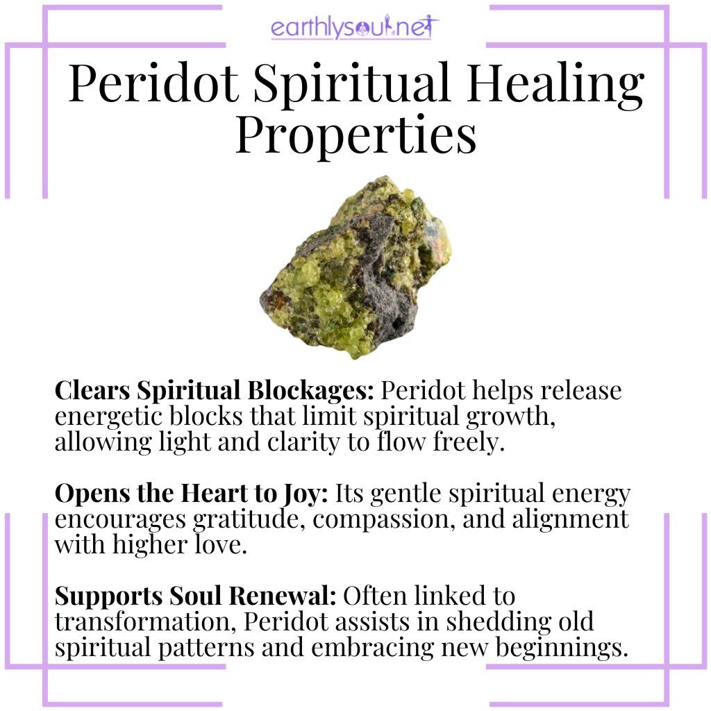 Peridot spiritual healing properties – a cleansing crystal that clears spiritual blockages, opens the heart, and supports soul renewal.